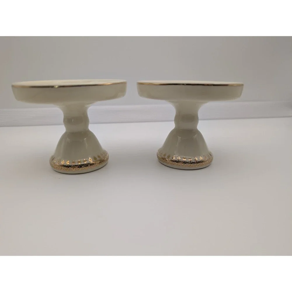Victorian Trading Co Ceramic Mini Cupcake Stands Candle Holders VTC Pair Gold